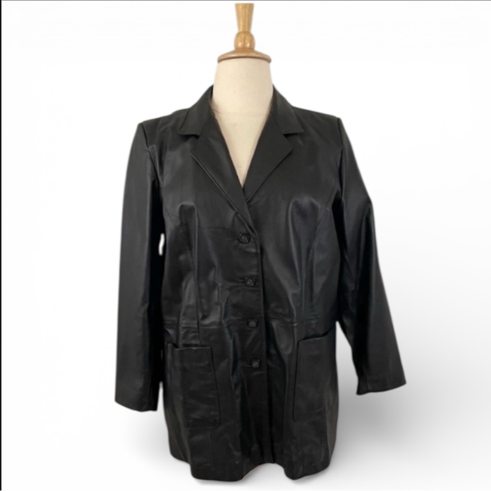 90s y2k Leather Coat Women’s‎ XL Vintage Black Button Down Boyfriend Blazer